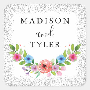 Silver Glitter Sparkles Waterverf Floral Wreater Vierkante Sticker