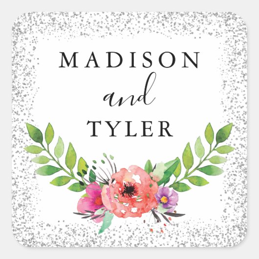Silver Glitter Sparkles Waterverf Floral Wreater Vierkante Sticker (Voorkant)