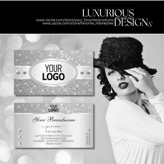Silver Glitter Sparkling Stars Diamonds en Logo Visitekaartje