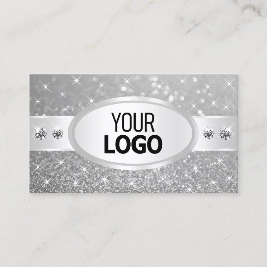 Silver Glitter Sparkling Stars Diamonds en Logo Visitekaartje (Voorkant)