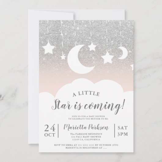 Silver glitter star moon cloud baby shower kaart (Voorkant)