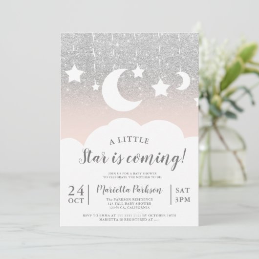 Silver glitter star moon cloud baby shower kaart (Staand voorkant)