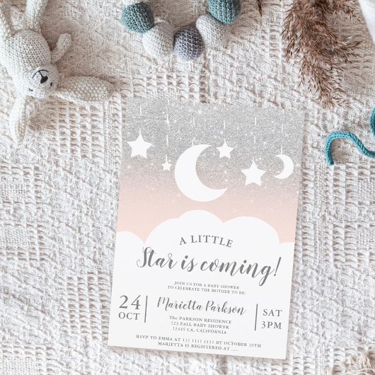 Silver glitter star moon cloud baby shower kaart