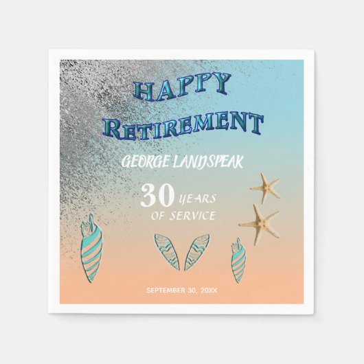 Silver Glitter Starfish Seashells Happy Retirement Servet (Voorkant)