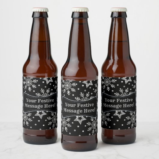 Silver Glitter Stars & Snowflakes Bier Etiket (Flessen)