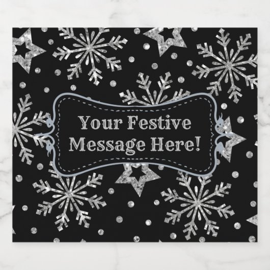 Silver Glitter Stars & Snowflakes Bier Etiket (Enkel label)