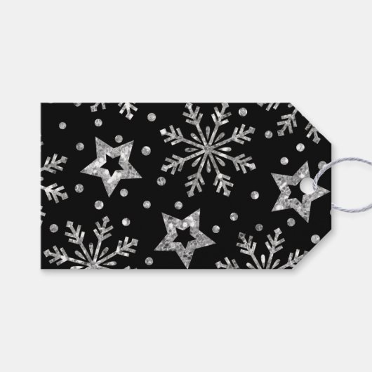 Silver Glitter Stars & Snowflakes Cadeaulabel (Voorkant (Horizontaal))