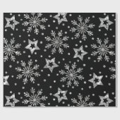 Silver Glitter Stars & Snowflakes Cadeaupapier (Vlak)