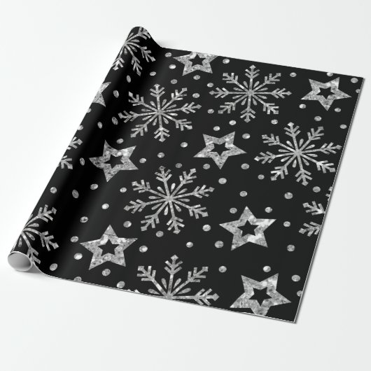 Silver Glitter Stars & Snowflakes Cadeaupapier (Uitgerold)