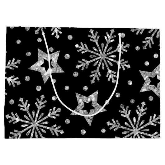 Silver Glitter Stars & Snowflakes Groot Cadeauzakje (Achterkant)
