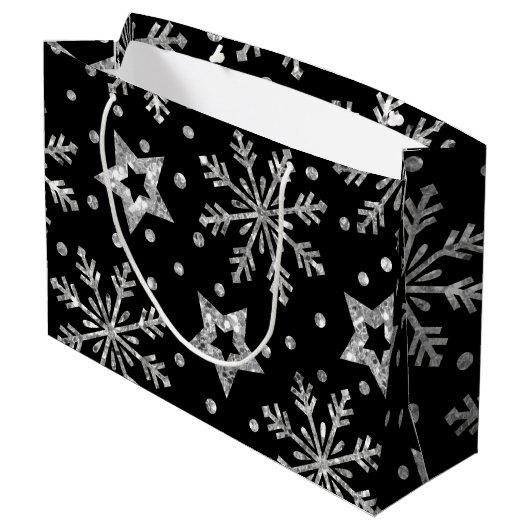 Silver Glitter Stars & Snowflakes Groot Cadeauzakje (Achterkant Gekanteld)