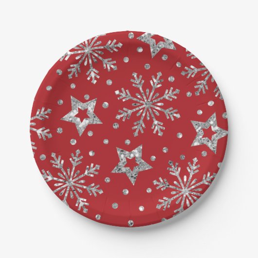 Silver Glitter Stars & Snowflakes Papieren Bordje (Voorkant)
