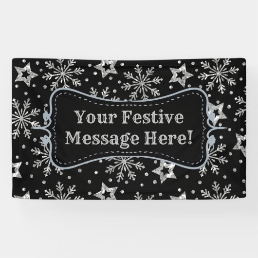 Silver Glitter Stars & Snowflakes Spandoek (Horizontaal)