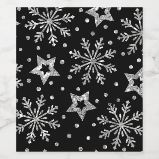Silver Glitter Stars & Snowflakes Wijn Etiket (Enkel label)