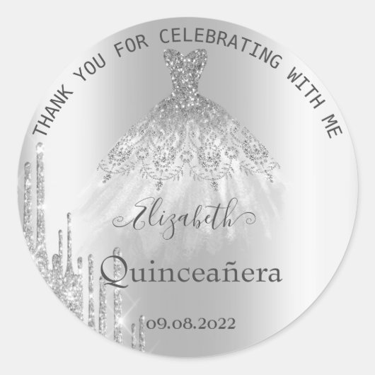 Silver Glitter-stations dress Quinceañera Ronde Sticker (Voorkant)