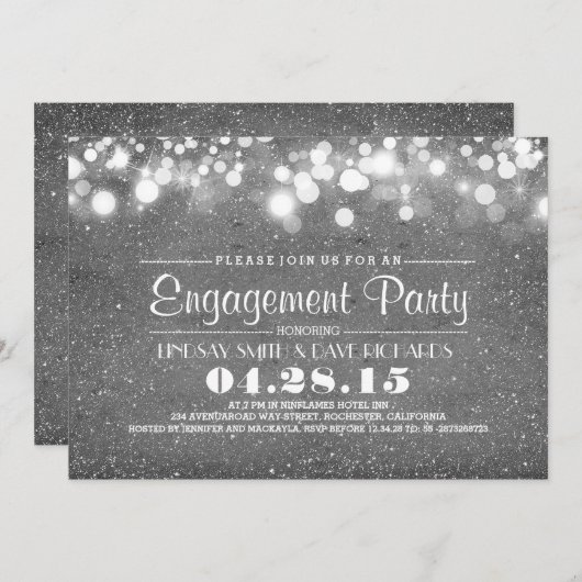Silver Glitter & String Lights verlovingsfeest Kaart (Voorkant / Achterkant)