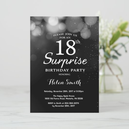 Silver Glitter Surprise 18e verjaardag Uitnodiging (Staand voorkant)