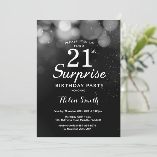 Silver Glitter Surprise 21e verjaardag uitnodiging (Staand voorkant)