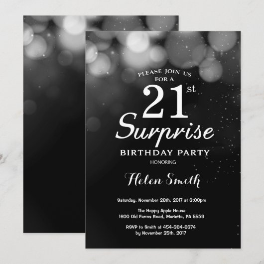 Silver Glitter Surprise 21e verjaardag uitnodiging (Voorkant / Achterkant)