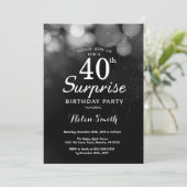 Silver Glitter Surprise 40th Birthday Invitation Kaart (Staand voorkant)