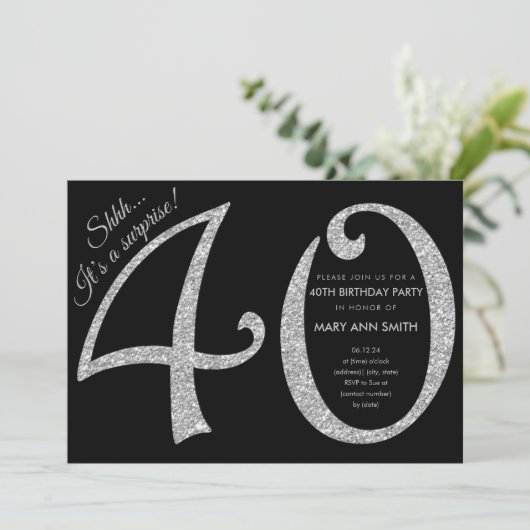 Silver Glitter Surprise 40th Birthday Party Kaart (Staand voorkant)