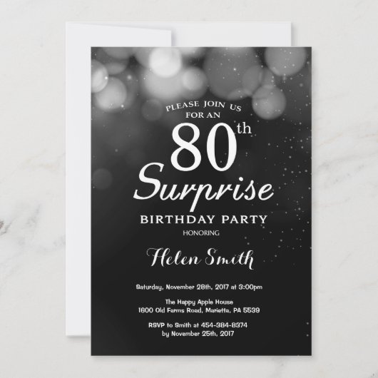 Silver Glitter Surprise 80th Birthday Invitation Kaart (Voorkant)