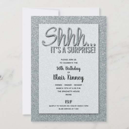 Silver Glitter SURPRISE Birthday Invitations (Voorkant)