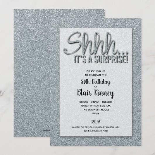 Silver Glitter SURPRISE Birthday Invitations (Voorkant / Achterkant)
