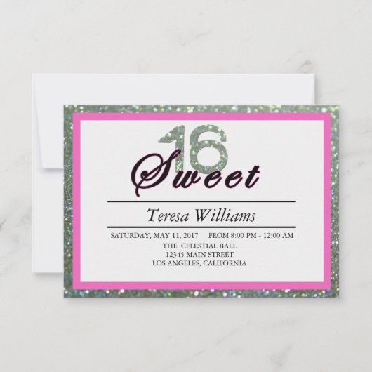 Silver Glitter Sweet 16 Birthday Party Invitation Kaart (Voorkant)