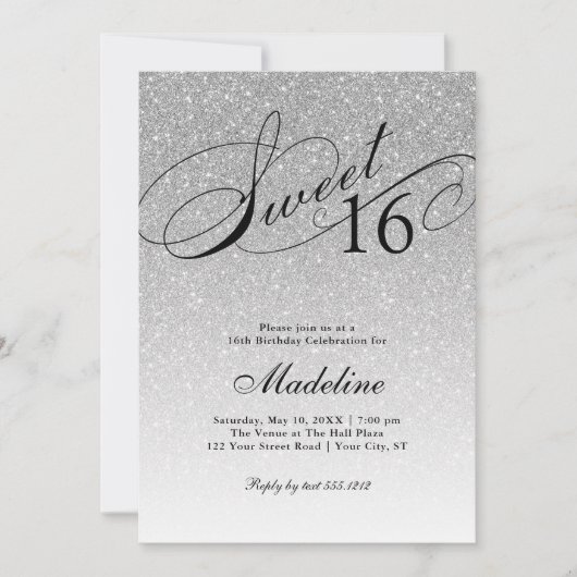 Silver Glitter Sweet 16 Fancy scriptuitnodiging Kaart (Voorkant)