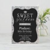 Silver Glitter Sweet 16 feestuitnodiging Kaart (Staand voorkant)