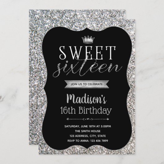 Silver Glitter Sweet 16 feestuitnodiging Kaart (Voorkant / Achterkant)