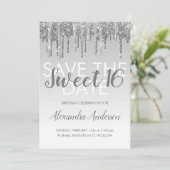 Silver Glitter Sweet 16 Save the Date Kaart (Staand voorkant)