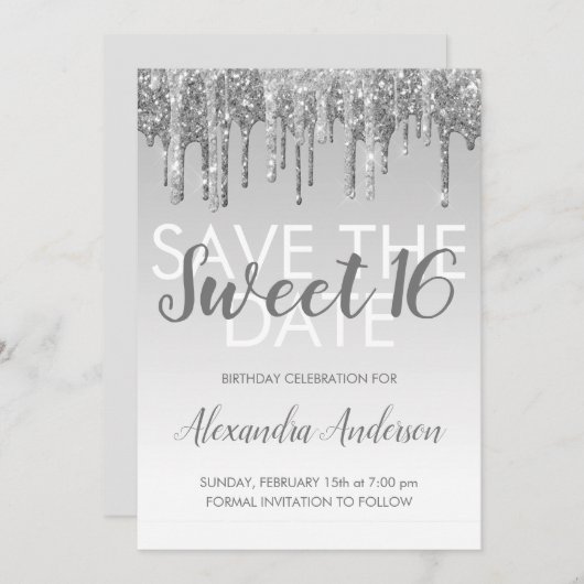 Silver Glitter Sweet 16 Save the Date Kaart (Voorkant / Achterkant)