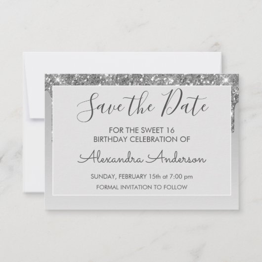 Silver Glitter Sweet 16 Save the Date Kaart (Achterkant)