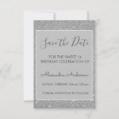 Silver Glitter Sweet 16 Save the Date Kaart (Achterkant)