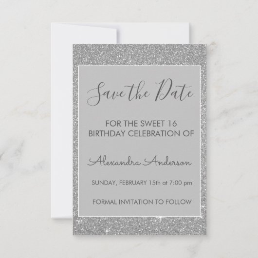 Silver Glitter Sweet 16 Save the Date Kaart (Achterkant)