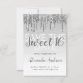 Silver Glitter Sweet 16 Save the Date Kaart (Voorkant)