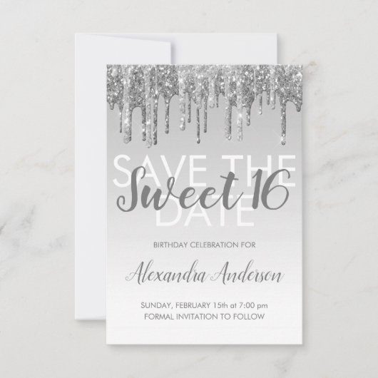 Silver Glitter Sweet 16 Save the Date Kaart (Voorkant)