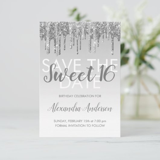 Silver Glitter Sweet 16 Save the Date Kaart (Staand voorkant)
