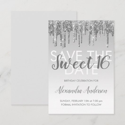 Silver Glitter Sweet 16 Save the Date Kaart (Voorkant / Achterkant)