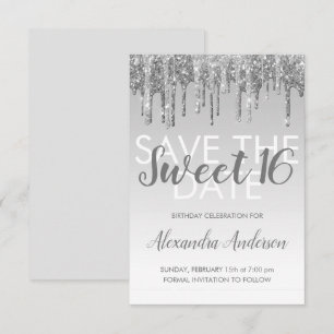 Silver Glitter Sweet 16 Save the Date Kaart
