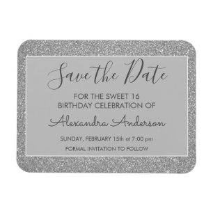 Silver Glitter Sweet 16 Save the Date Magneet