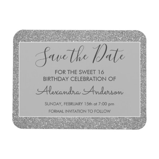 Silver Glitter Sweet 16 Save the Date Magneet (Horizontaal)