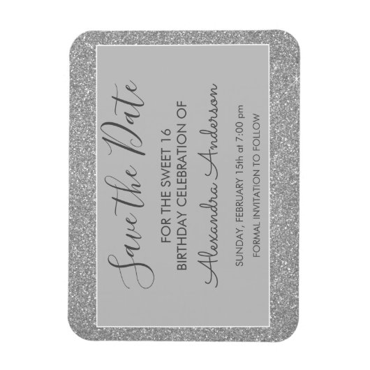Silver Glitter Sweet 16 Save the Date Magneet (Verticaal)