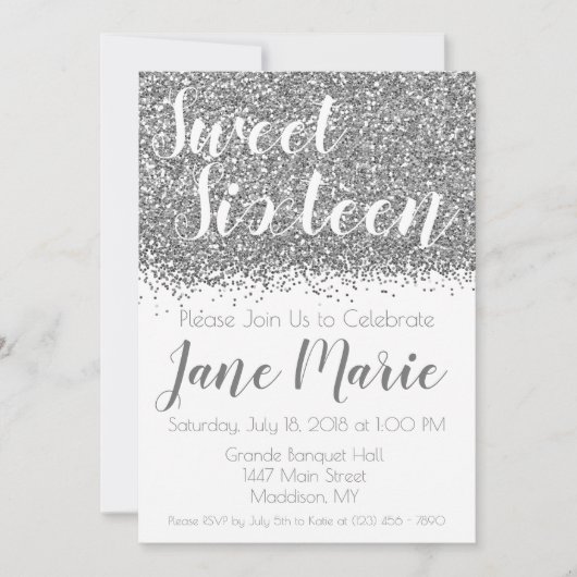 Silver Glitter Sweet Sixteen Uitnodiging (Voorkant)