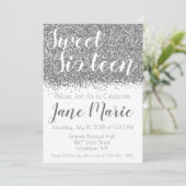 Silver Glitter Sweet Sixteen Uitnodiging (Staand voorkant)