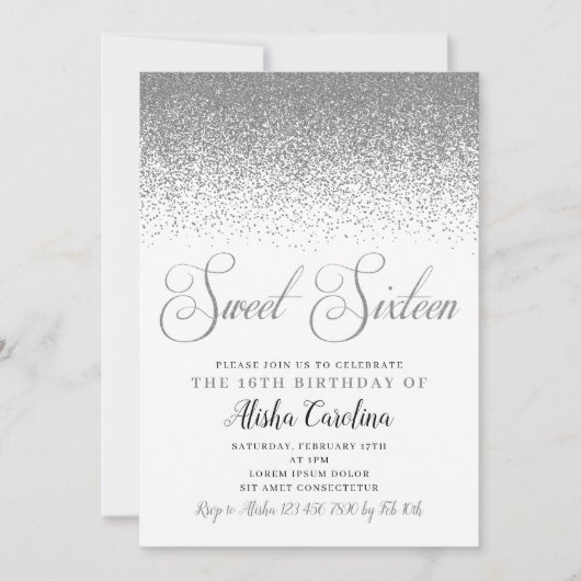 Silver Glitter Sweet Sixteen Uitnodiging (Voorkant)