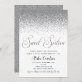 Silver Glitter Sweet Sixteen Uitnodiging (Voorkant / Achterkant)