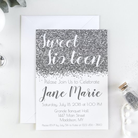 Silver Glitter Sweet Sixteen Uitnodiging
